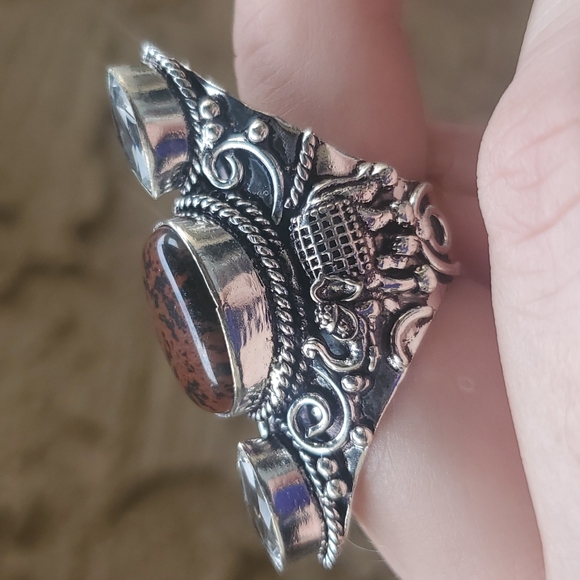 New Mahogany Obsidian & White Topaz 925 Silver Carved Elephant Statement Ring. - Picture 4 of 12